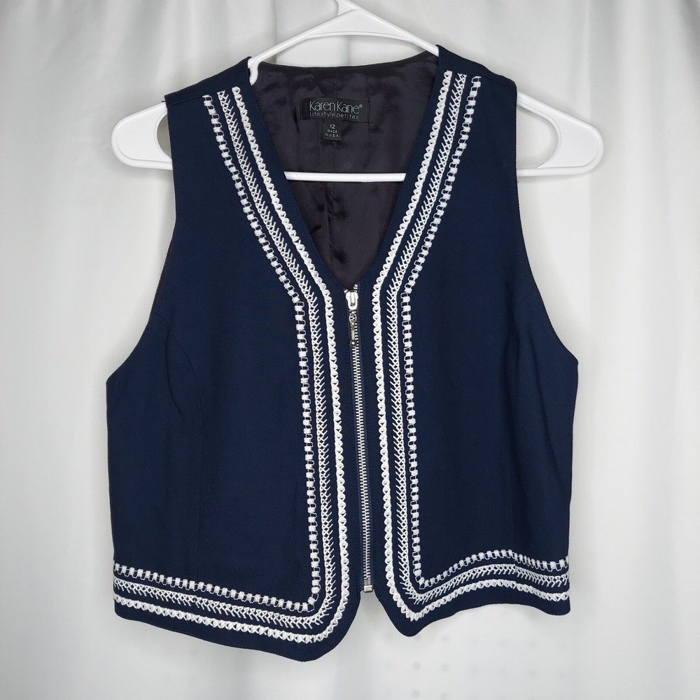 Karen Kane Vtg Vest‎ 12P Women Blue White Embroidered Boho V-neck Phoebe Y2K